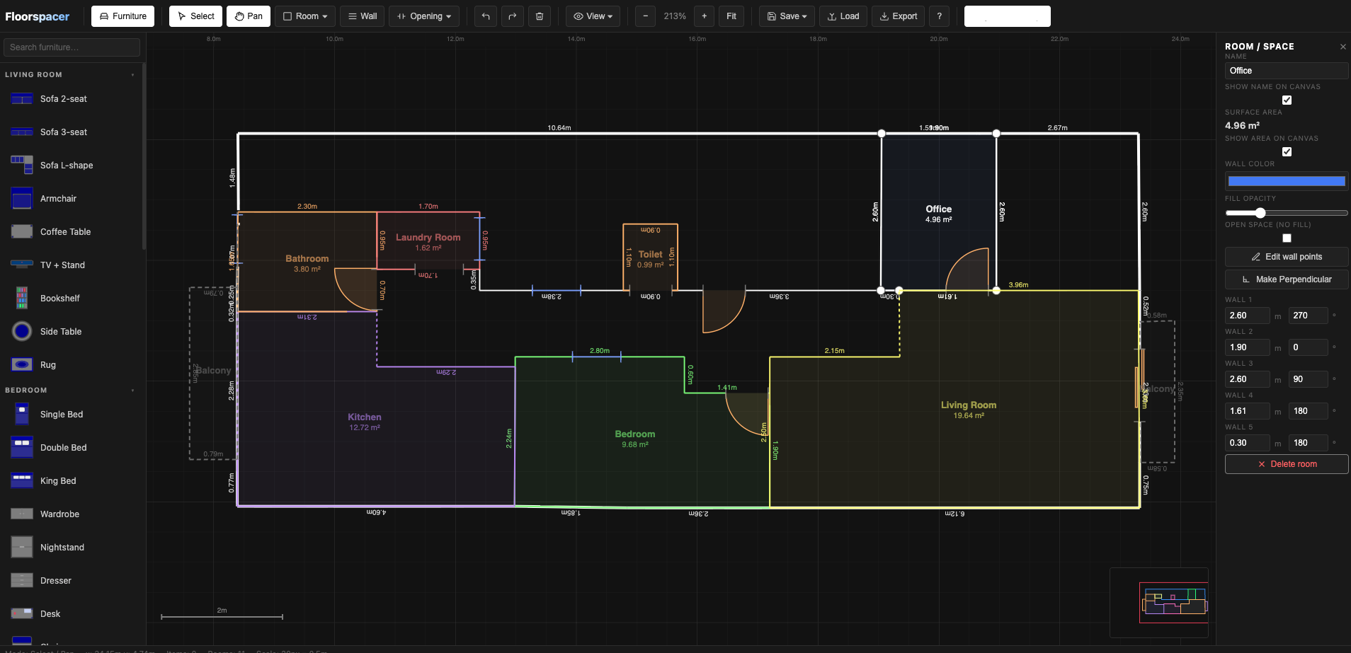 A furnished apartment floor plan in Floorspacer, showing rooms, furniture, and wall dimensions.